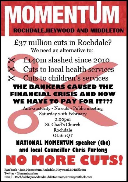 Lobby against Tory cuts outside the Town Hall at 5.00pm this evening (Wednesday 24 February) to express concerns over the Council implementing cuts of £37m to services in Rochdale