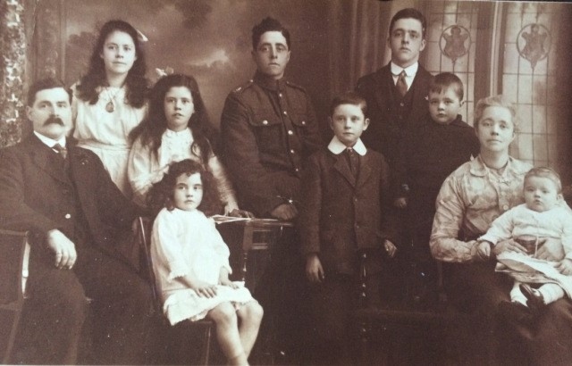 The extended Grundy family taken sometime during the early years of WW2; Clifford is standing at the back wearing his Army uniform with his parents Joseph and Jane Ann and his brothers and sisters. Karen`s Grandma (Jane) is sitting on the chair at the front on the left and my Great Uncle Leslie is the baby on my Great Grandma’s knee