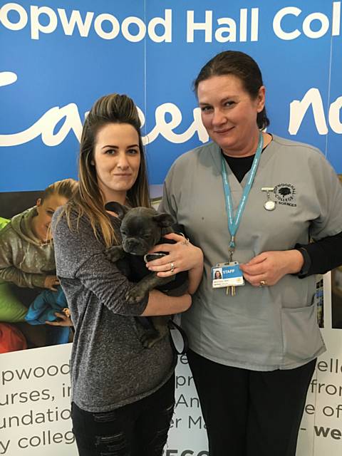 Hopwood Hall College lecturer Penny Dean and a customer with her dog Buddy, a French bulldog