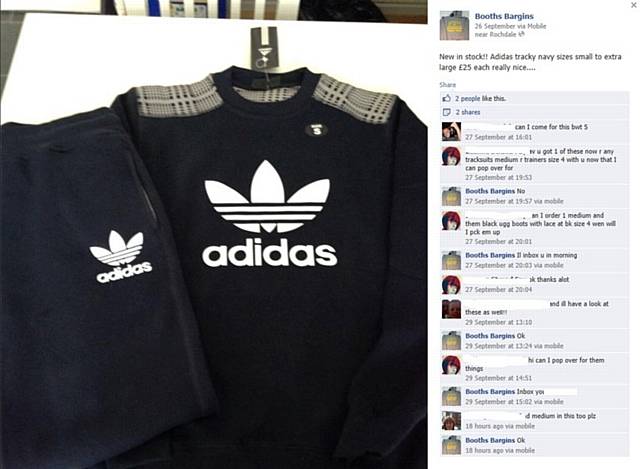 Counterfeit goods sold on Booth’s Facebook page