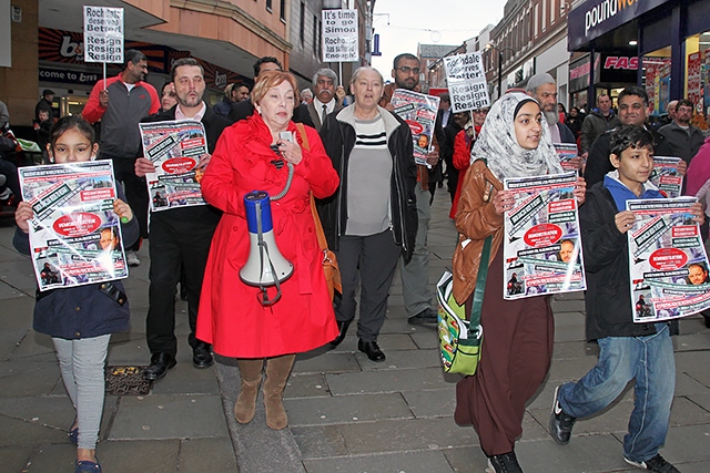 Protester marching down Yorkshire Street