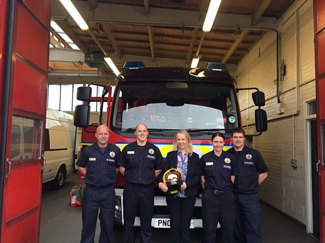 Liz McInnes with Heywood firefighters at Heywood Fire Station