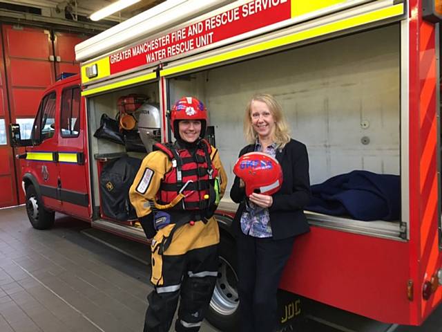 Liz McInnes with Heywood firefighters at Heywood Fire Station