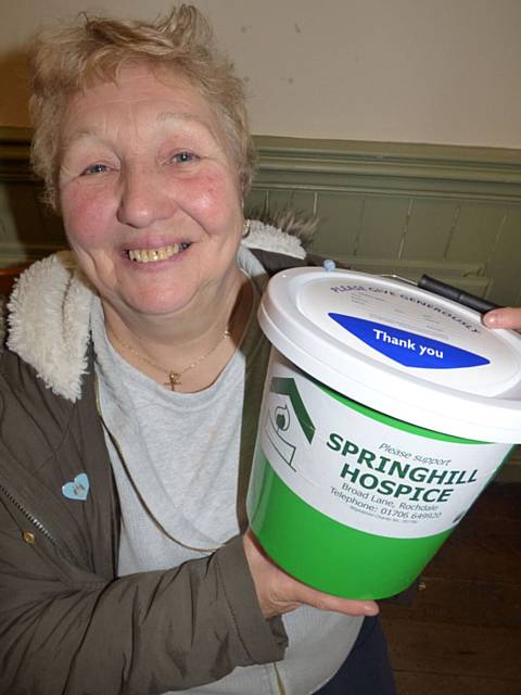 Denise Crewe with Springhill Hospice Collecting Bucket