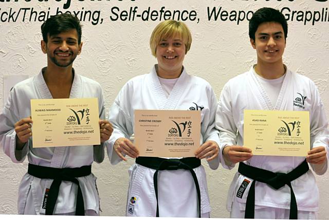 Auwais Mahmood, Christine Crosby and Asad Rana achieve Black Belts 