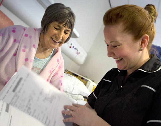 Charlotte Dent, quality matron from medicine, and patient Carol Chadwick at The Royal Oldham Hospital