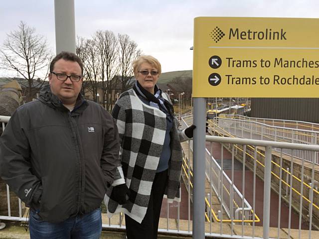 Councillor Andy Kelly and Irene Davidson at Newhey Metrolink Station