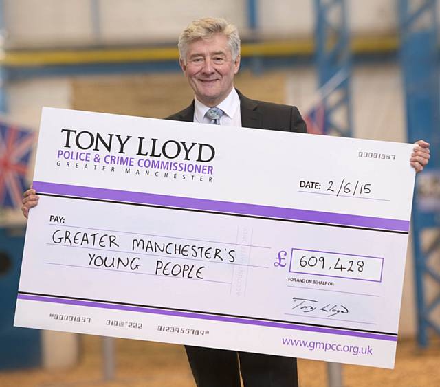 Tony Lloyd with cheque from last year’s Youth Aspiration Fund launch