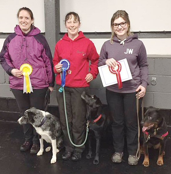 The Novice team: 3rd Emily and Jasper (Border Collie); 2nd Joanne and Abbey (Labrador); 1st Aimee and Tink (Rottweiler)
