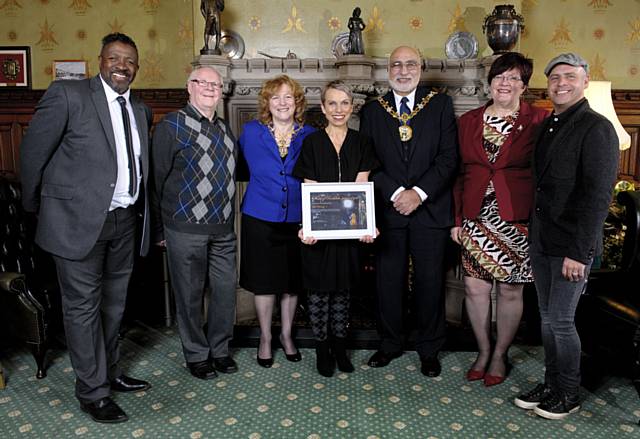 Sue Devaney’s partner Darren Beckford, Assistant Building Manager of Rochdale Town Hall Brian Myles, Mayoress Cecile Biant, Sue Devaney, Mayor Surinder Biant, Councillor Janet Emsley and friend of Sue Devaney Nick Newbould
