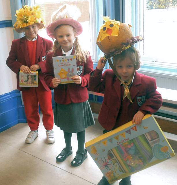 Beech House School Easter Bonnet Parade winners; Jack Morton, Camilla Zebedee-Howard, Lucy Cross