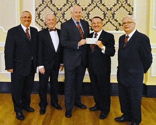 Brian Armistead,  Chairman, Rochdale Masonic buildings committee, Peter Hewitt, Assistant Provincial Grand Master, James Rothwell, function organiser, Ken Davies MBE, Provincial Grand Charity Steward, John Hall, Secretary, Rochdale Masonic buildings committee