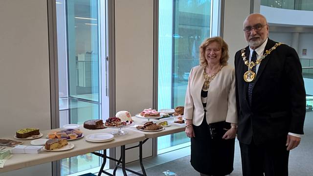 The Mayor and Mayoress, Surinder and Cecile Biant at the 'bake off' at Rochdale Town Hall