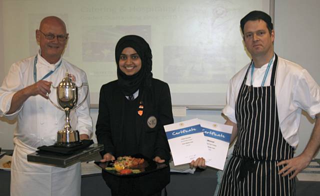 Faiza Qureshi, Young Master Chef, presented prizes by Judges Brian Yates and Sam Everett at Hopwood Hall College's Young Master Chef and Master Baker competition