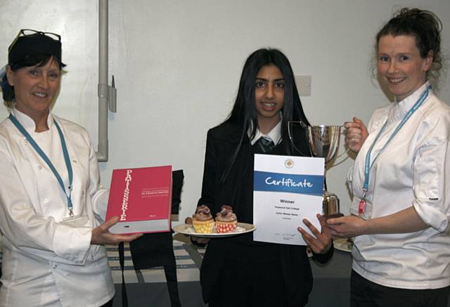 Rianna Siddique, Young Master Baker, presented prizes by Judges Julie Jones and Vanessa Regan  at Hopwood Hall College's Young Master Chef and Master Baker competition