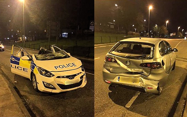 Greater Manchester Fire and Rescue Service cut through the car to free the officer