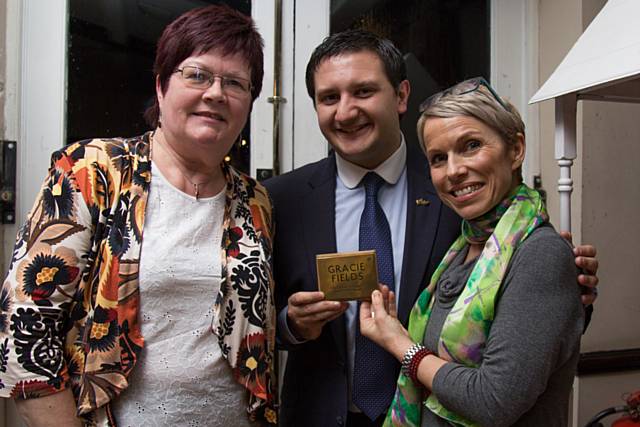 Sue Devaney with Seb Lassandro of The Gracie Fields Appreciation Society and Cllr Janet Emsley from Rochdale Council