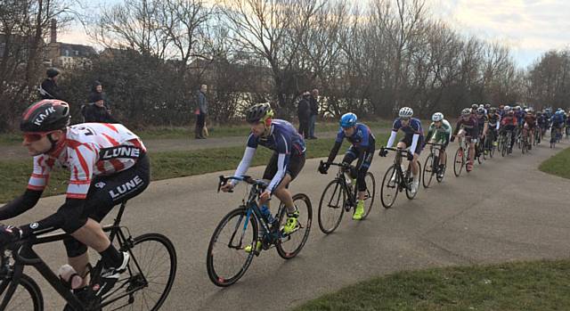 East Lancs Riders Sam Wilson in second and Sam Walley in fourth in the Peloton at Salt Ayre