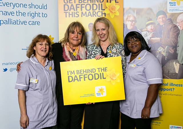 Liz McInnes MP and actress Linda Robson with Marie Curie Nurses, Leonie Christian and Elisabeth Goze