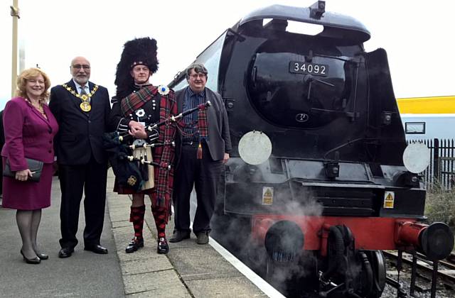 The Mayor and Mayoress of Rochdale, Surinder and Cecile Biant, with Keith Whitmore and ‘City of Wells’ engine