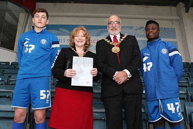 Youth Team players Joe Piggott and Kisimba Kisimba welcomed the Mayor and Mayoress to Spotland 