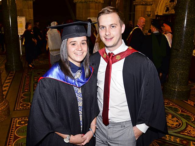 Holly Espie and Mark Fagan, Sports Lecturer, at Hopwood Hall College's Higher Education Graduation Ceremony which was held in Rochdale Town Hall