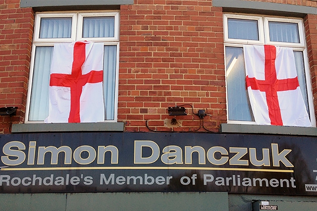 Simon Danczuk's constituency office on St Mary’s Gate adorned with two flags of St George 