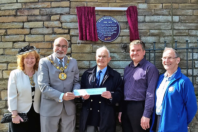 The Mayoress, Councillor Cecile Biant, The Mayor, Councillor Surinder Biant, Norman Frisby and Paul Bollington from St Chad's Church and Graham Knox, from the Rotary Club of Rochdale East