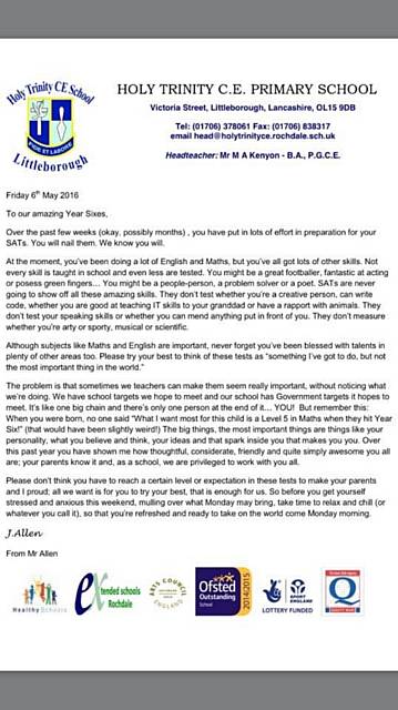 Joseph Allen's letter to pupils about to sit controversial SATs tests