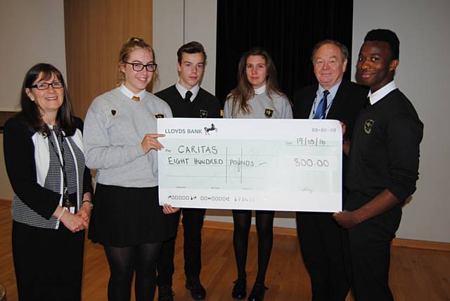 Mark Wiggin CEO Caritas with fundraisers and Head Girl from Holy Family and CE College