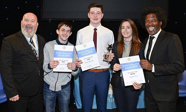 Derek O’Toole, Principal of Hopwood Hall College, star winners Dean O’Toole, Jack Morrison, and Morgan Fay and author and broadcaster Lemn Sissay