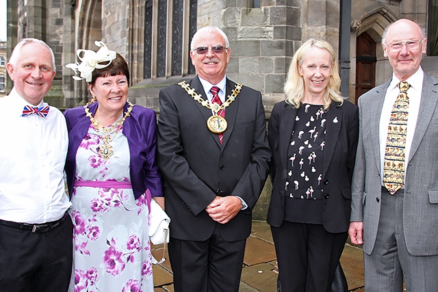 Celebration for the Queen’s 90th birthday at Rochdale Town Hall<br /> Councillor Ashley Dearnley, Mayor Ray Dutton, Mayoress Elaine Dutton, Liz McInnes MP and Councillor Jim Gartside