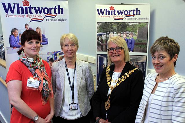 Town Clerk Melanie Hearn, Mayor of Whitworth Madeline De Souza with Chairman of Governors Lila Towers and Headteacher Gill Middlemas