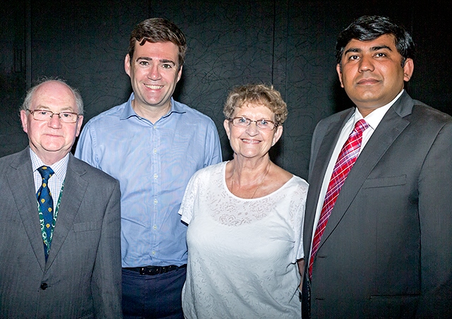 Andy Burnham with Castleton councillors, Billy Sheerin, Jean Hornby and Aasim Rashid at Woolworth's Sport and Social Club