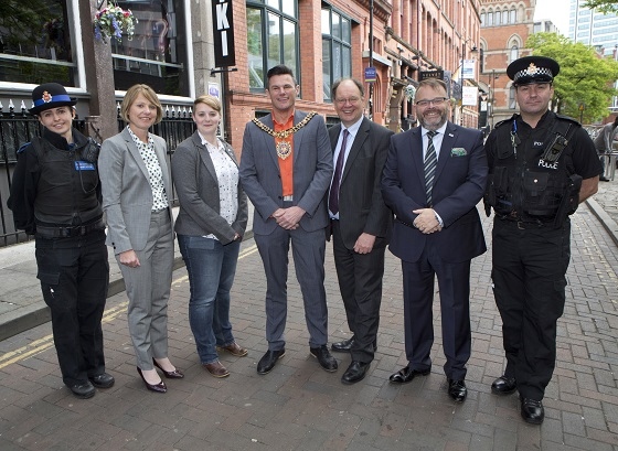 DCS Vanessa Jardine, Emma Baldry from Broken Rainbow, Lord Mayor Councillor Carl Austin-Behan, Deputy Police and Crime Commissioner Jim Battle and Paul Martin OBE from LGBT Foundatoin join GMP officers