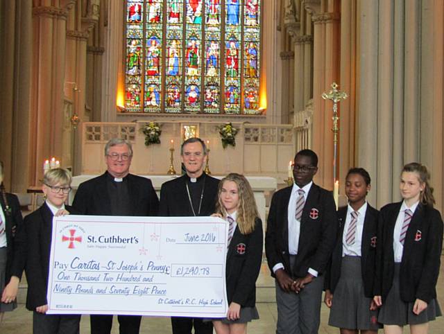 St Cuthbert’s College students with Bishop John Arnold and Father David Glover