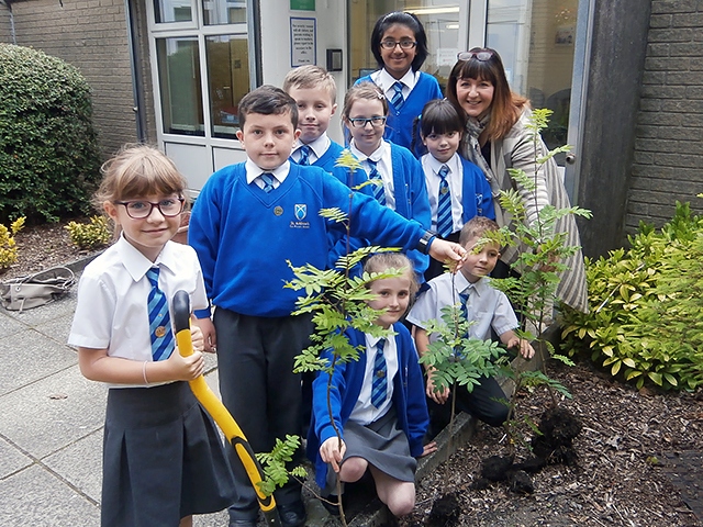 St Andrew’s Primary School Eco-Team planting four saplings with Councillor Rina Paolucci