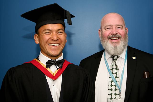 21 year old Omid Hussini who graduated last night with a Foundation Degree in Sport Development from Hopwood Hall College with Derek O’Toole, Principal