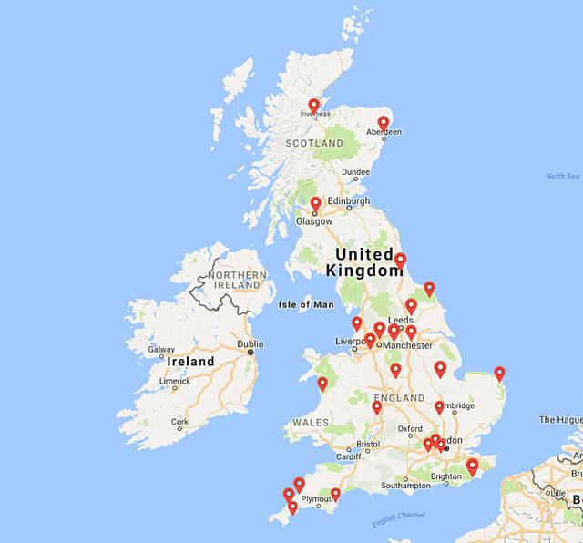 Drowning locations across the UK, some marked were incidents with multiple drownings