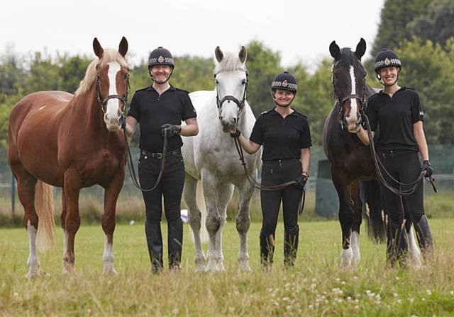 Sergeant Charlesworth, PC Cassie Barratt and PC Aaron Wilson,  with Hexan, Captain and Tangle