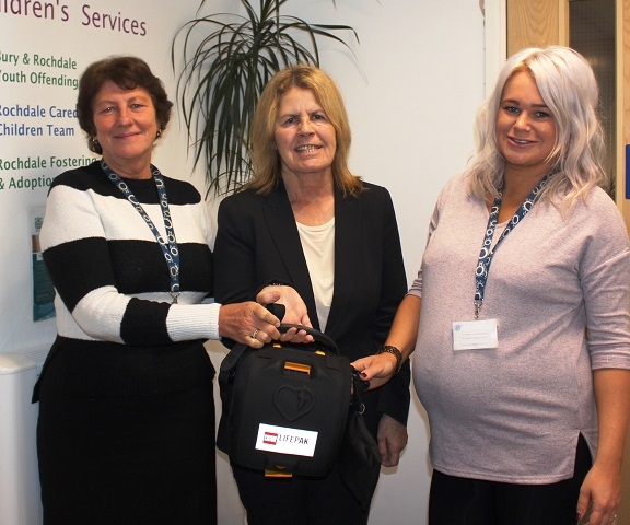 Joy Barlow, Councillor Jaqueline Beswick and Lisa Kimpton with the newly installed defibrillator