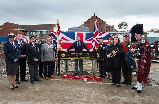 Dignitaries gather at Henry Hill Close at the street unveiling service