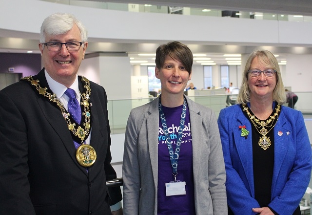 Mayor Ian Duckworth, Diane Higgins from the council's youth service and Mayoress Christine Duckworth