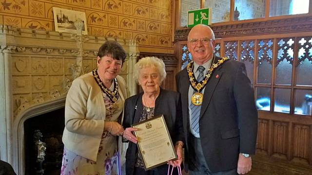 The Mayor and Mayoress, Ray and Elaine Dutton with Vera Hirst