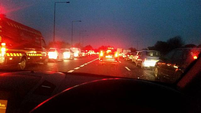 Queuing traffic on the A627M due to an incident on the M62