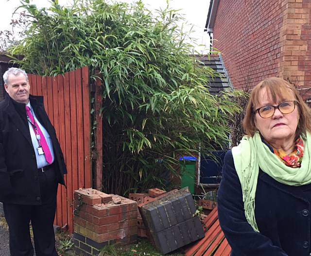 Councillors Richard Farnell and Kathleen Nickson inspect the damage caused by the latest car accident on New Broad Lane