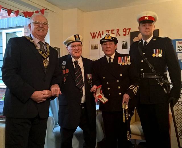 Rochdale Sea Cadets present French State Medal to Walter Hainsworth, WW2 veteran on his 97th Birthday