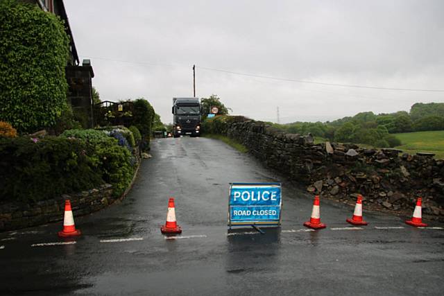 School Lane, Ashworth Valley closed due to stuck HGV