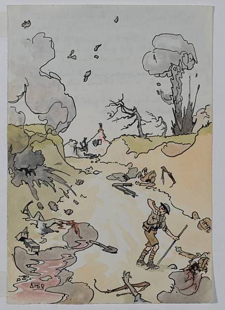 The sunken road into Longueval. Myself on FOO duty. Dressed for hot weather, goggles worn against tear gas, Somme, 15th July 1916, Pen and ink and watercolour by Lt Richard Barrett Talbot Kelly