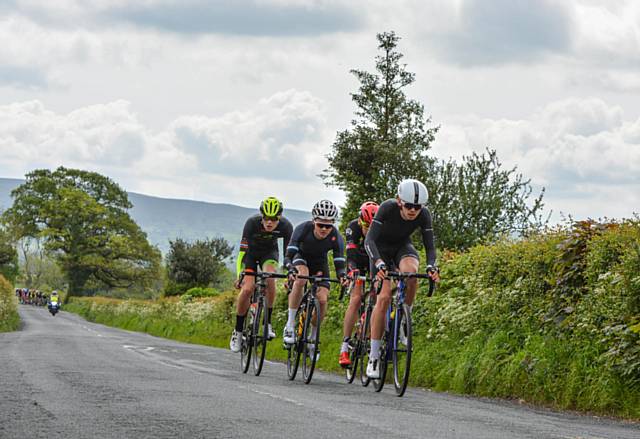 Chris Green & Ben Trippier with eventual winner Tom Lowe in Break at East Lancs Road Race